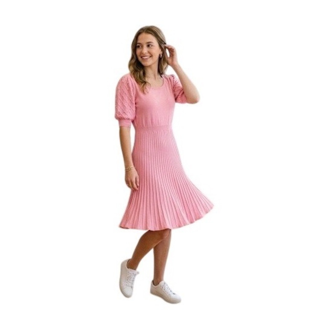 Nanette Lepore Gypsy Rose Pink Pearl Puff Sleeve KnitFit & Flare Dress Large NWT